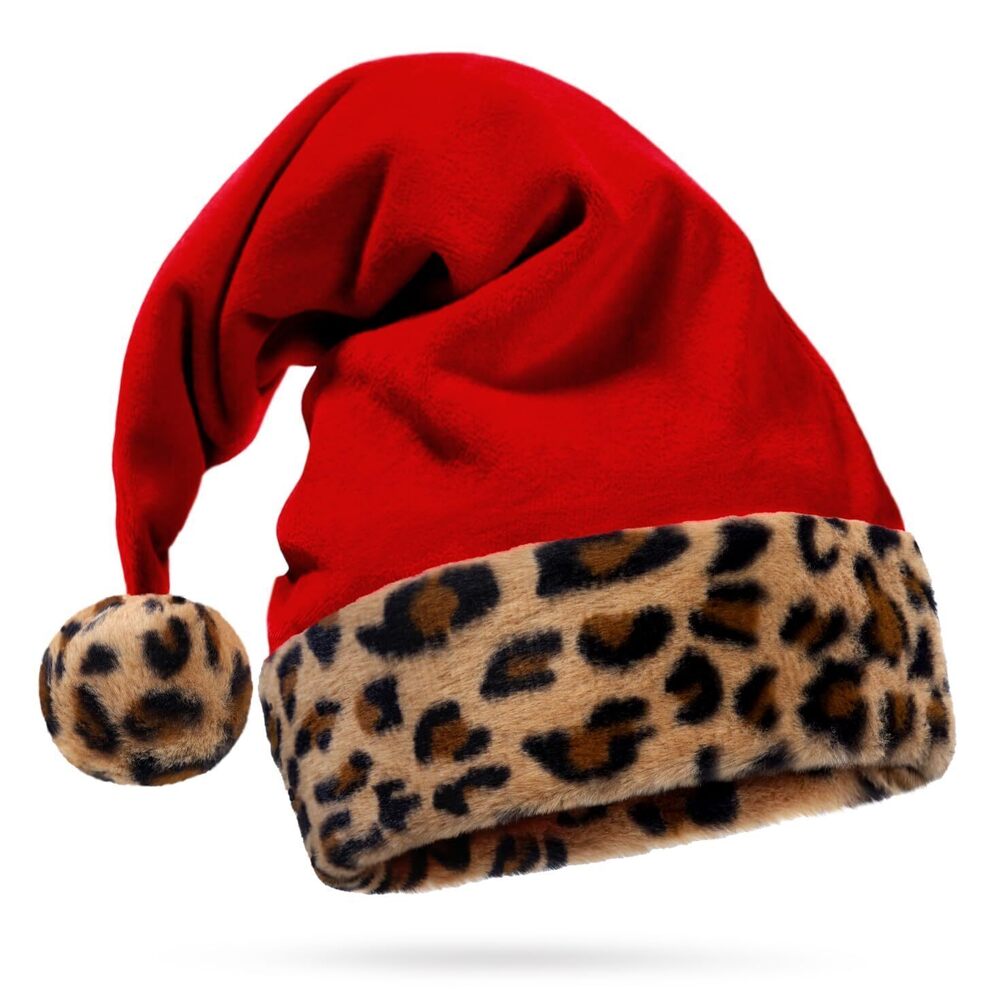 5927 Red Velvet Santa Hat - Furry Leopard Print Trim, Faux Fur - Tan Brown